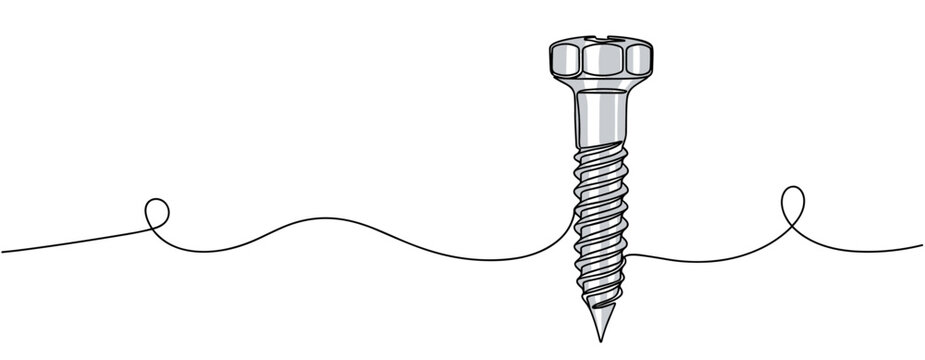 Hex head screw standing upright on continuous line surface. no editable strokes