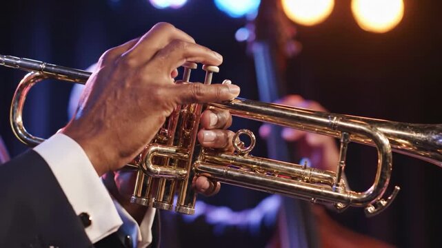 Close-up of a musician playing a trumpet on stage with a vibrant atmosphere.