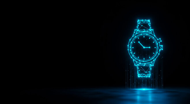3D render of a high-tech wristwatch illuminated in neon blue, showcasing a digital wireframe structure against a black backdrop.