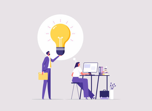 Guidance help personal development to reach success concept, mentor, advisor to motivate employee or inspiration, businessman mentor help employee to get new light bulb idea
