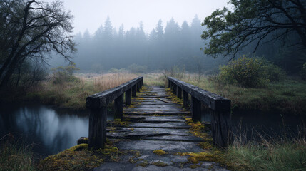 Fototapeta premium Wooden footbridge over a calm stream surrounded by misty forest landscape with tall evergreen trees and lush grass in a serene natural setting