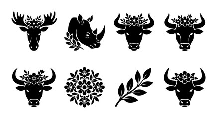 Floral animal head silhouettes, set of 8 black vector icons featuring moose, rhino, and bulls with flower crowns, botanical wildlife illustrations © Sabrina