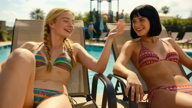 Telling blonde sharing story, dark-haired friend laughing on lounge chairs by pool, wearing bikinis