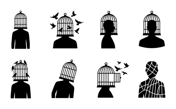 Conceptual mental health silhouette icons, human head cage and bird freedom symbols, psychological entrapment and liberation vector set