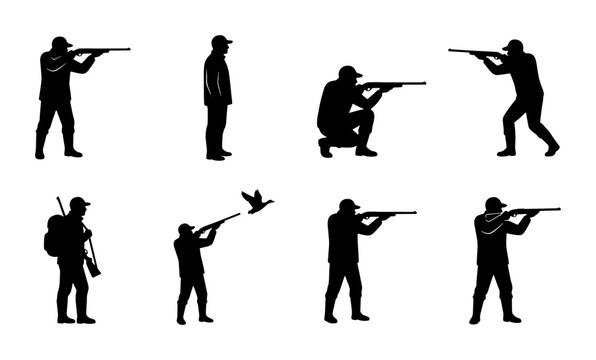 Hunting silhouette vector set, hunters with rifles and shotguns in various poses, duck hunting and outdoor shooting sport collection, black isolated icons