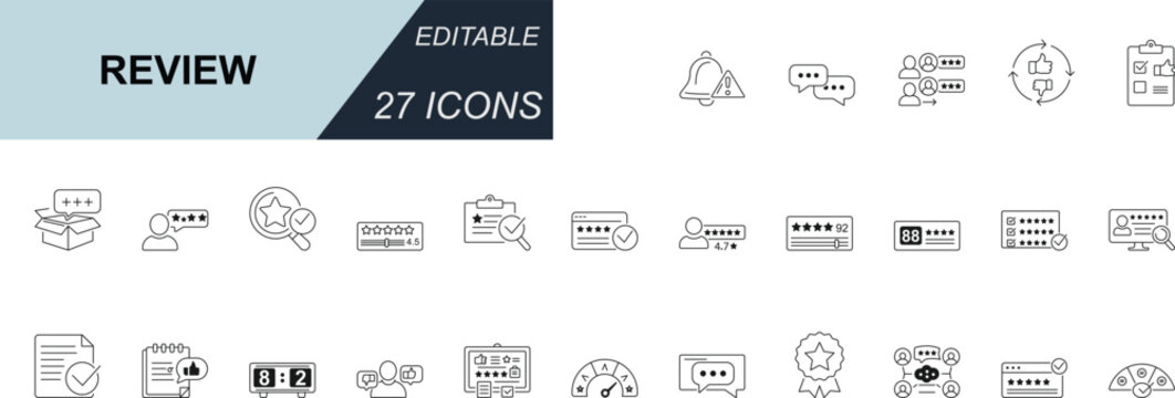 Modern review and feedback line icon set featuring rating, evaluation, analytics, survey, and performance concepts, ideal for UI design, dashboards, apps, and digital platforms. Editable stroke.