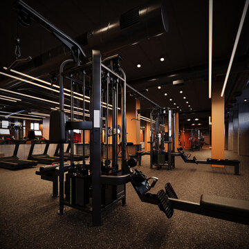 Modern Gym Industrial Interior Design. Gym equipment. 3D Rendering, 3D Illustration 