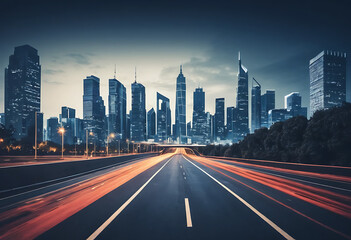 Fototapeta premium City skyline at dusk with highway and traffic trails, skyscrapers and buildings in the background road