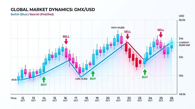 Global Market Dynamics GMX USD Candlestick Chart with Buy and Sell Signals.