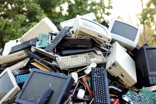 Pile of discarded old computer monitors, keyboards, and circuit boards outdoors