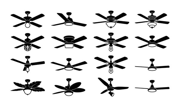 16 different styles of black and white vector ceiling fan silhouettes on a white background