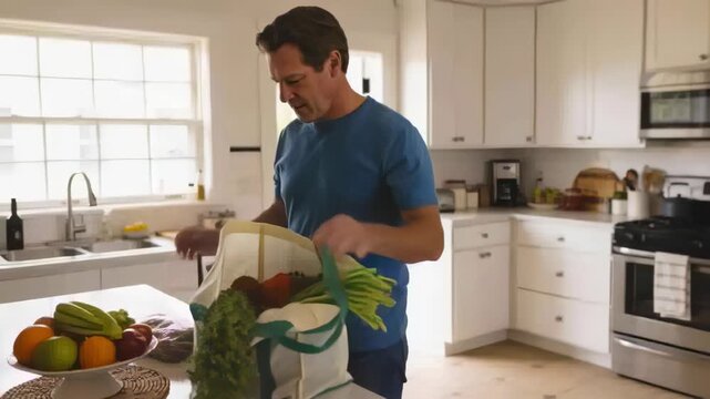 Entering kitchen, man in blue tee unloading reusable tote with leafy greens after shopping