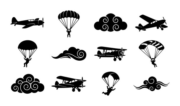 Vintage Aircraft and Parachutist Icons, Retro Biplanes and Paraglider Silhouettes, Classic Aviation and Skydiving Graphics Set