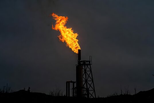 Industrial flare stack burning brightly against a dark, ominous sky at dusk, silhouette