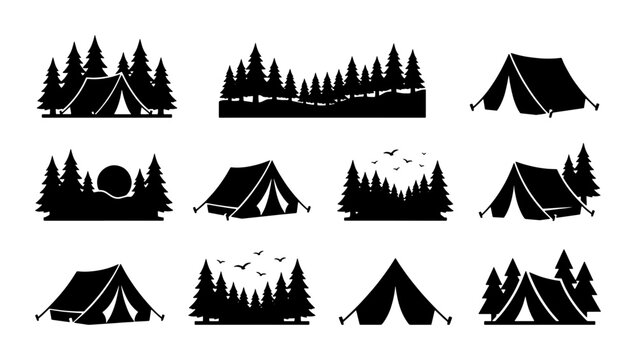 Camping silhouettes set with forest pine trees and tents, outdoor adventure icons for nature tourism, black mountain landscape vector elements