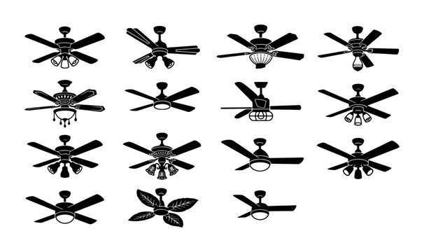 Modern ceiling fan silhouettes set, 15 black vector icons of electric cooling fans with lights, interior ventilation and home appliance collection
