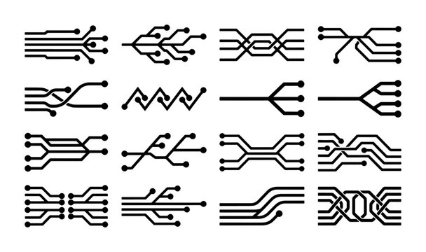 Circuit board line icons set, 16 electronic motherboard connection symbols, black digital technology wiring patterns, minimalist hardware vector elements