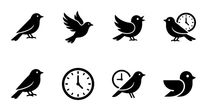 Minimalist bird icon set with clock symbols, black silhouette avian vector collection, early bird concept graphics for scheduling and time management