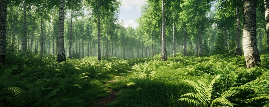 A lush green forest with towering trees and a thick carpet of ferns covering the ground,