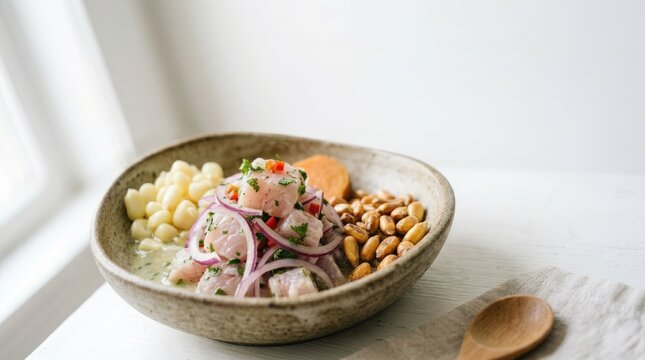 Peruvian Ceviche served with cancha, sweet potato, and choclo