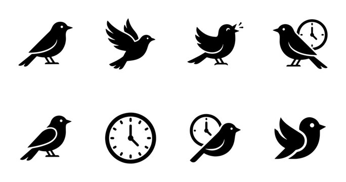 Minimalist bird and clock icon set, black silhouette songbird vector elements, early bird concept symbols for morning schedule and time management