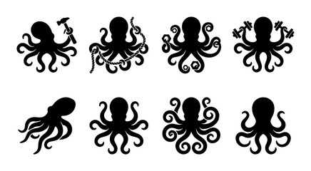 Black octopus silhouette icons set, 8 sea creature vector illustrations, marine animal mascots with tools and weights for logo design © Lamia