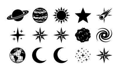 Minimalist space icon set, black celestial vector symbols, 15 astronomy elements including planets, stars, and moon for science infographics © Lamia