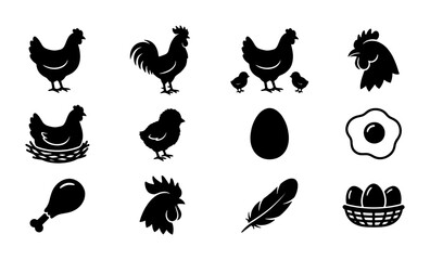 Chicken and poultry farm icon set, black rooster and hen silhouettes, 12 vector elements for organic food branding and agricultural design © Lamia
