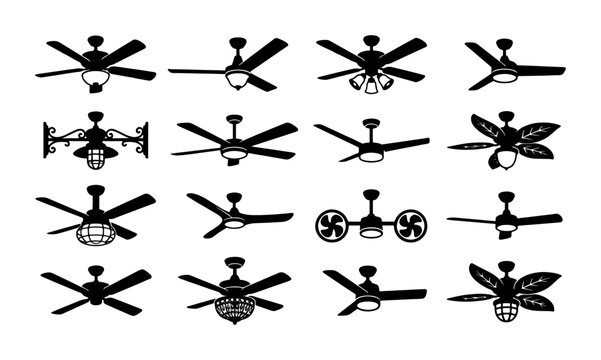 Modern ceiling fan silhouettes set, 16 black electric fan icons with light fixtures, interior cooling ventilation equipment vector collection