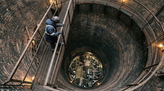 Workers Descending into a Deep Circular Shaft for Inspection and Maintenance.