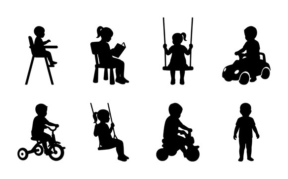 Toddler and child silhouettes set, 8 black vector icons of kids playing and sitting, children on swings and riding toys, nursery and daycare graphics