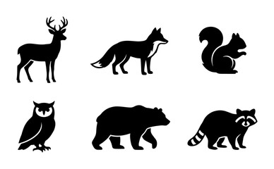 Fototapeta premium Forest Animal Silhouettes: Deer, Fox, Squirrel, Owl, Bear, Raccoon Icons Set, Black and White Vector Graphics for Wildlife Design