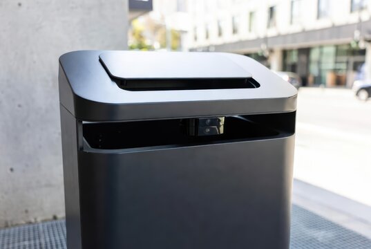 Modern smart trash bin with integrated cameras for waste management and city surveillance