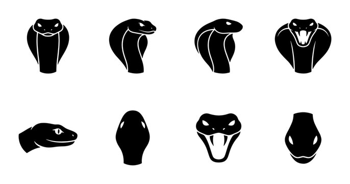 Black cobra snake head icons, set of 8 minimalist serpent vector illustrations, aggressive viper and king cobra silhouettes for logo design and branding