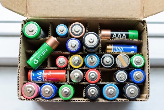 Assorted AA and AAA batteries neatly organized in a cardboard divider box, top view