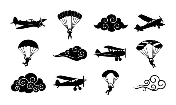 Vintage Airplane and Parachutist Silhouettes, Retro Aviation Icons, Set of 12 Black Vector Graphics for Sky Adventure and Travel Design