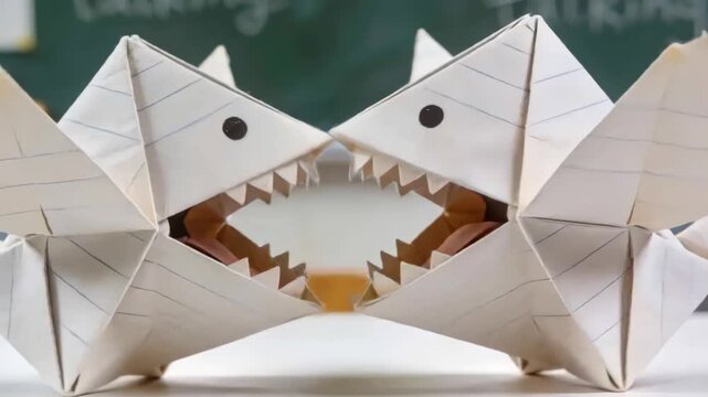 Starting sequence, two paper sharks opening and closing jaws on school desk with lined teeth