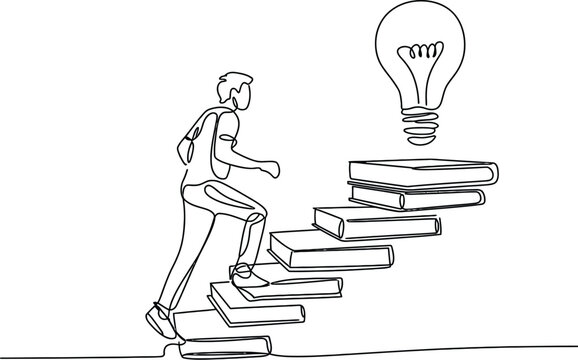 Continuous line drawing man walking on book stairs with light bulb symbolizing reading, idea, knowledge, problem solving in minimal one line style