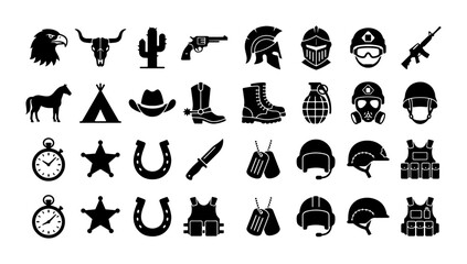 Western Cowboy and Military Soldier Icons Set, 30 Black Silhouette Vector Graphics for Themed Designs, American Frontier and Combat Elements Collection © Lamia