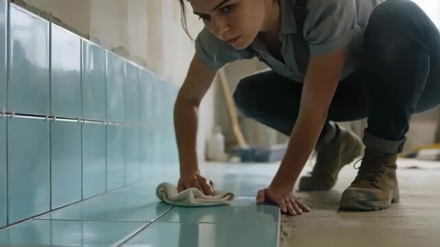 Inspecting grout then cleaning turquoise tiles in worksite, woman in tan boots using white cloth