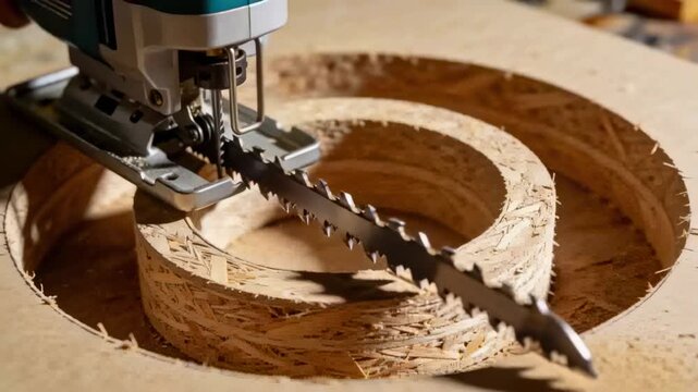 Cutting after motor starting, reciprocating jigsaw plunging into OSB at bench, producing wood chips