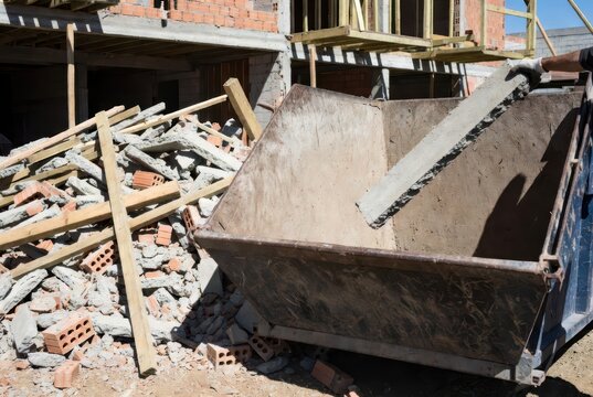Construction debris pile with skip bin and worker's hand in protective glove holding concrete