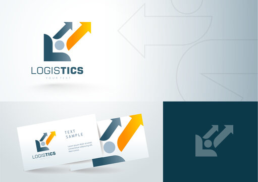 Logo logistics ldesign abstract silhouette people and letter L and arrows. Business card template