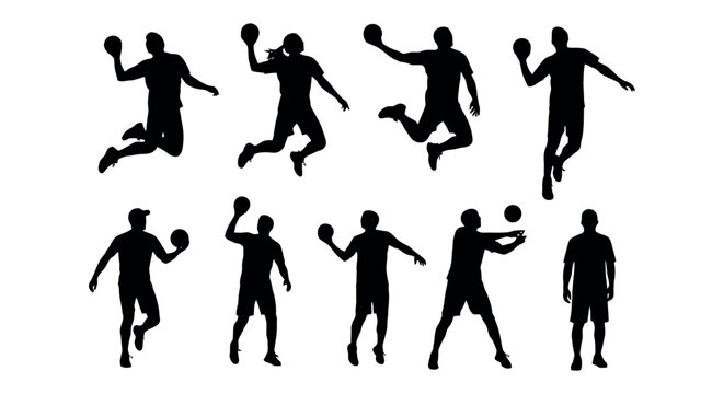 Set of handball player silhouettes in various action poses
