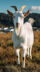 Obraz premium A majestic white goat stands attentively in a sun-drenched field, its horns curving elegantly upwards against a backdrop of rolling hills and distant structures