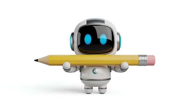 Cute robot holding a yellow pencil, AI creativity and learning concept
