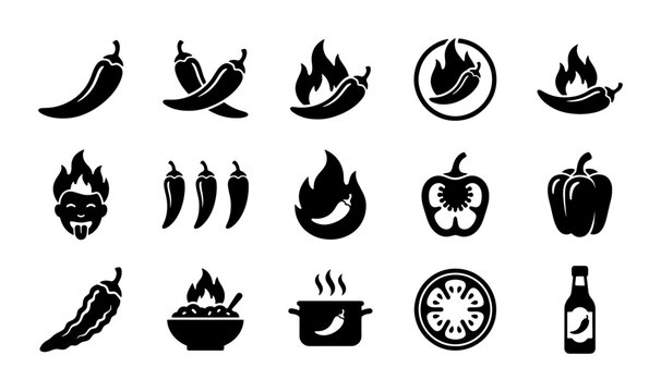Chili pepper icon set, spicy food and hot sauce vector symbols, 15 black silhouette spice level graphics for restaurant menus and packaging