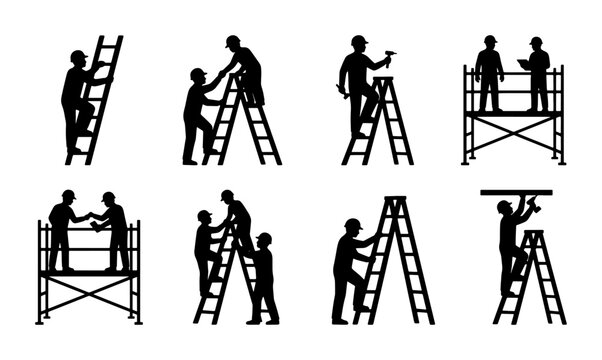 Construction worker silhouettes on ladders and scaffolding, set of 8 black vector icons, industrial builders and contractors working at heights