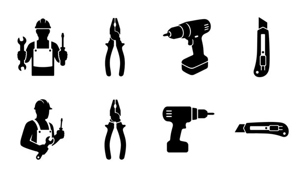 Industrial construction tool icons, black silhouette handyman and power drill vector set, professional hardware equipment for home renovation and repair