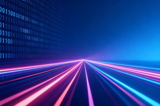 Digital binary code and neon light beams